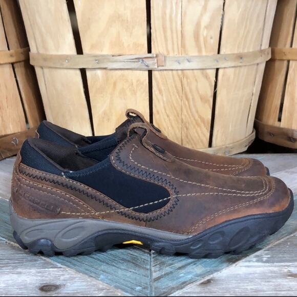 Merrell Opal Bison Brown Leather Vibram Slip-On Hiking Mocs Shoes Womens Size 7 - Picture 1 of 10